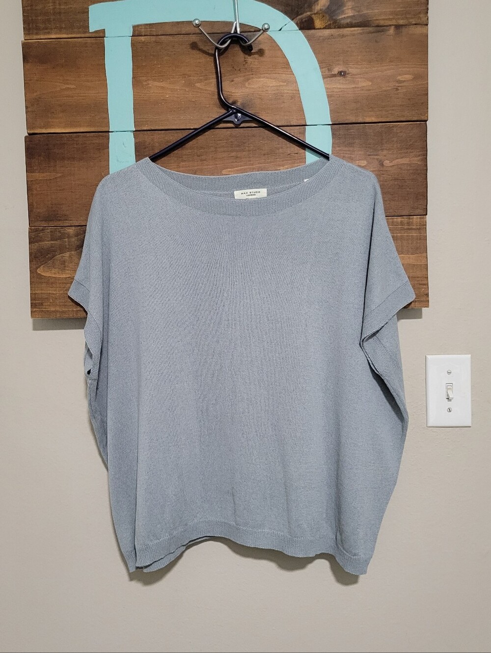 Max Studio Light Gray Boxy Knit Short Sleeve Linen Blend Minimalist Casual Top